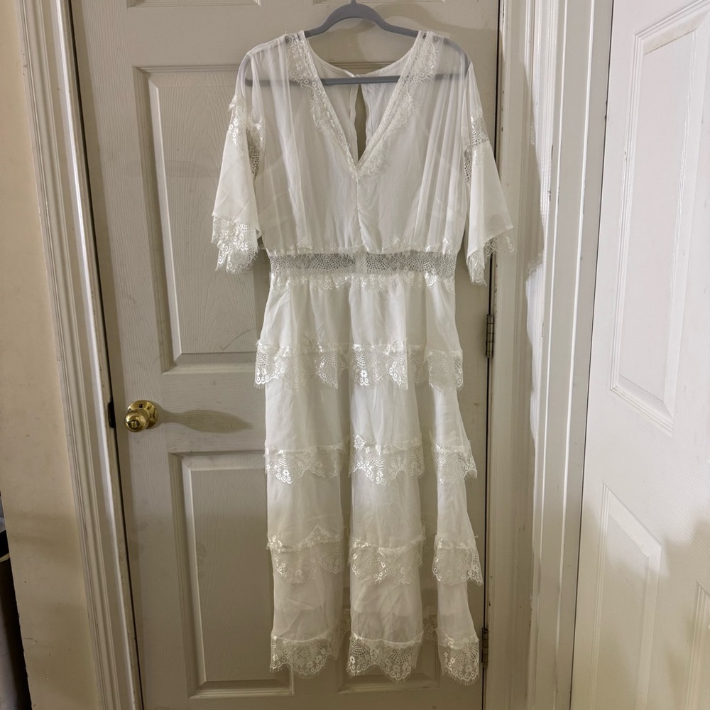 White Lace Boho Maxi Dress XL Tiered Sheer V Neck Bridal Beach Wedding